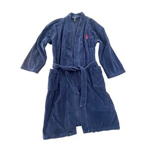 Polo Ralph Lauren Mens Navy Blue Velour Terry Cloth Robe L/XL Red Pony Logo